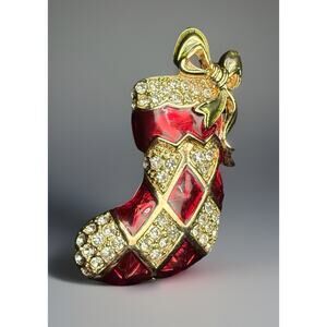 Vintage Christmas stocking brooch enamel and rhinestone gold tone Monet